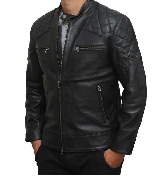 Men Quilted Genuine Leather Jacket Outdoor Soft Padded Casual Leather Jacket