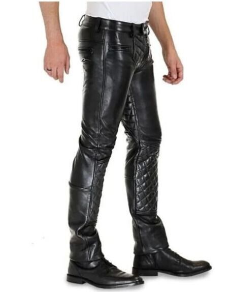 *Quilted Real Leather Bikers Pant Black Fly Zipper Design Soft  Motorcycle Pant