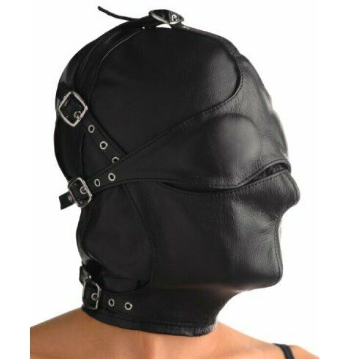 Blindfold Leather Hood Bondage mask BDSM Head Restraint slave harness Face mask