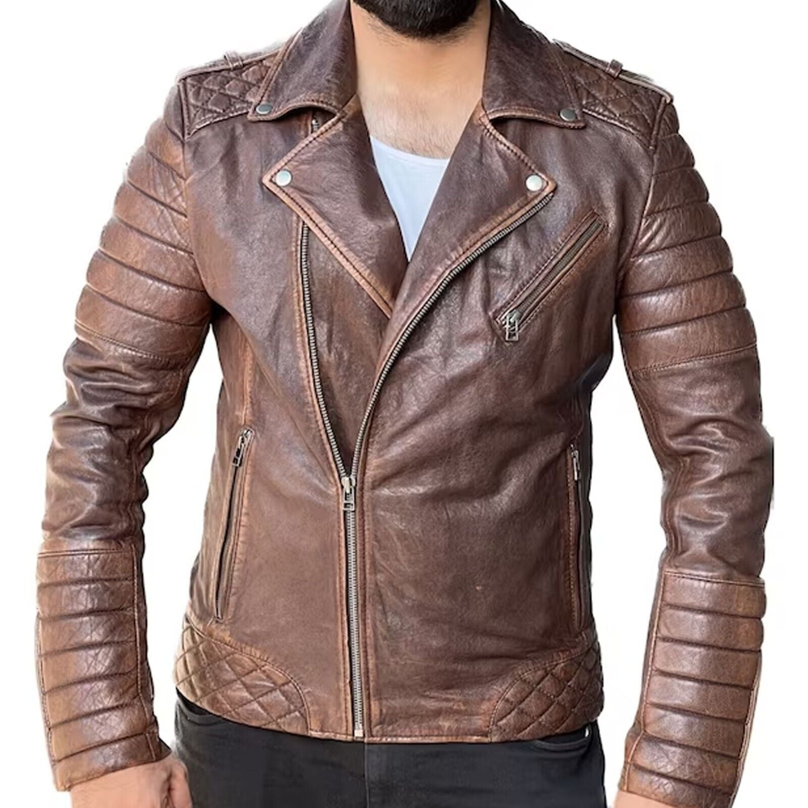 *Brown Quilted Real Leather Jacket Outdoor Sleeves & Shoulder Soft Padded Jacket