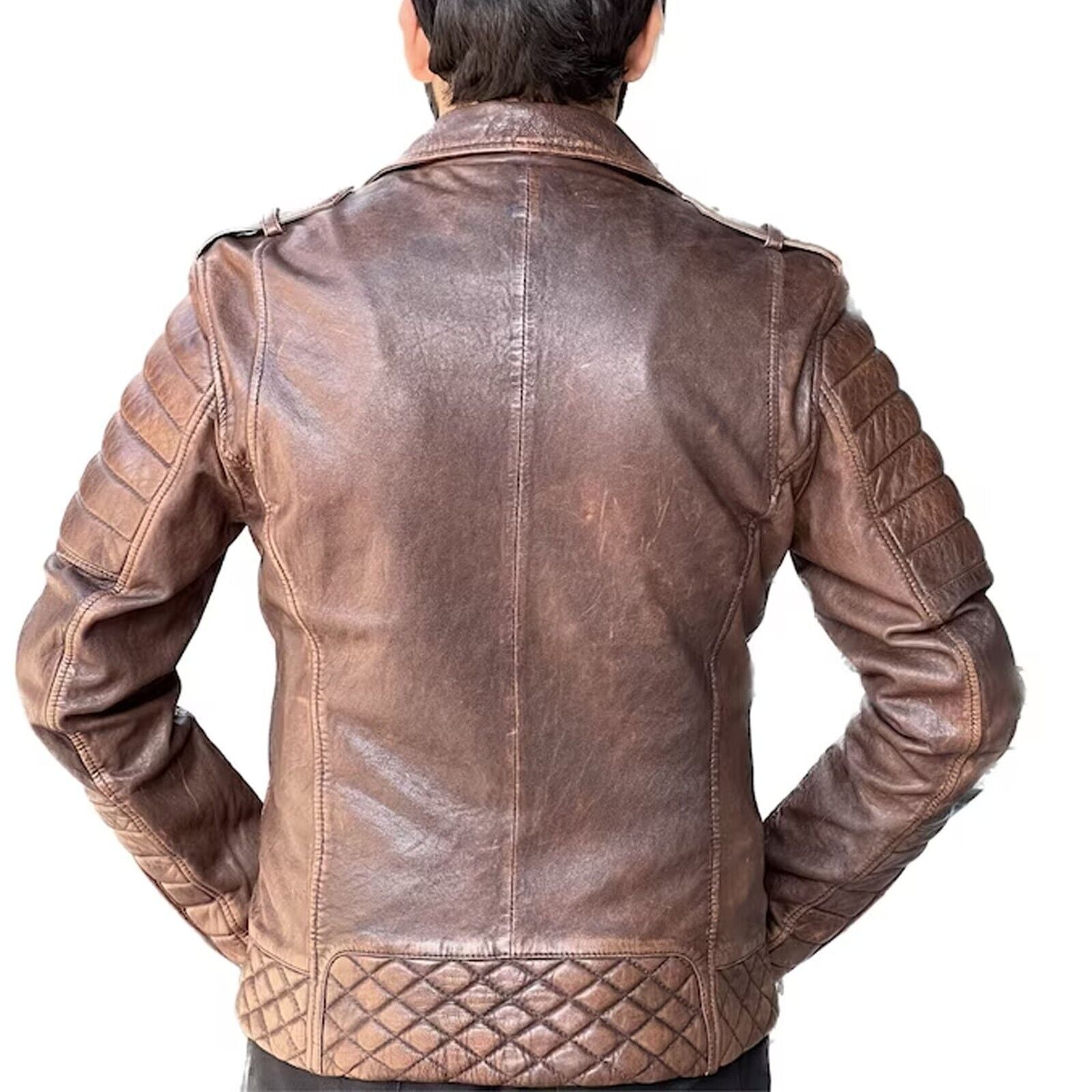 *Brown Quilted Real Leather Jacket Outdoor Sleeves & Shoulder Soft Padded Jacket