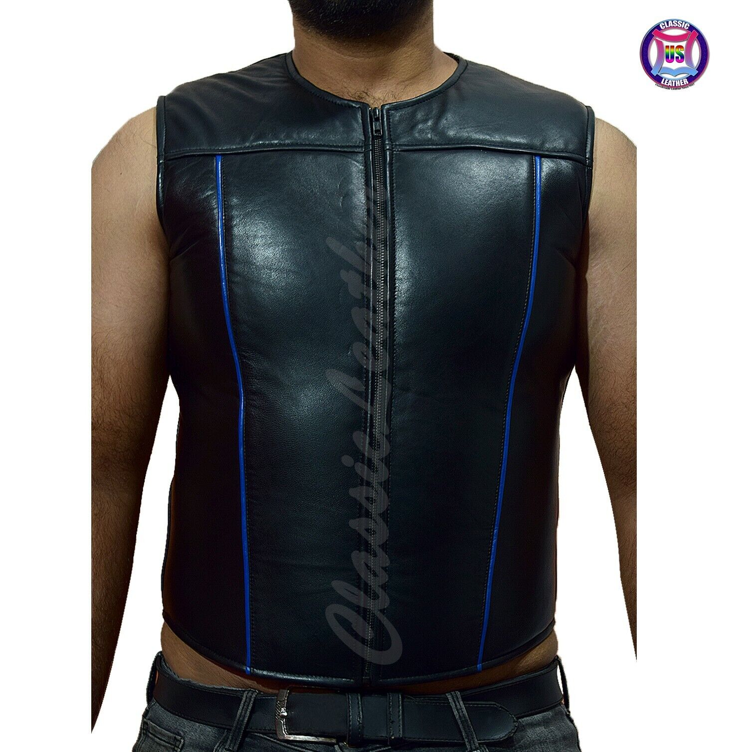 Mens leather waistcoat gay vest black bluf sleeveless Zipper jacket blue piping