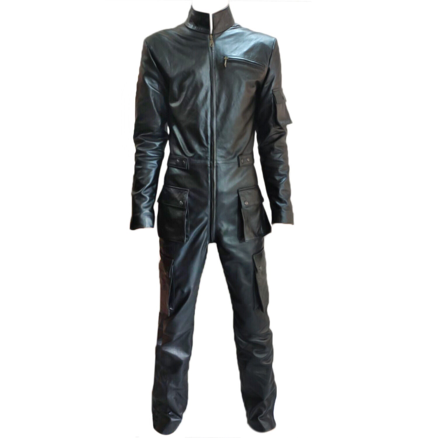 MEN REAL LEATHER CATSUIT BLACK BODYSUIT OVERALL MEN JUMPSUIT HOT WORKWEAR ROMPER