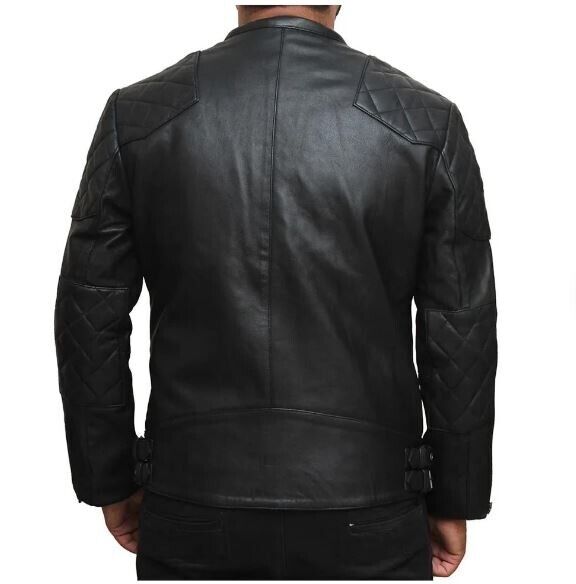 Men Quilted Genuine Leather Jacket Outdoor Soft Padded Casual Leather Jacket