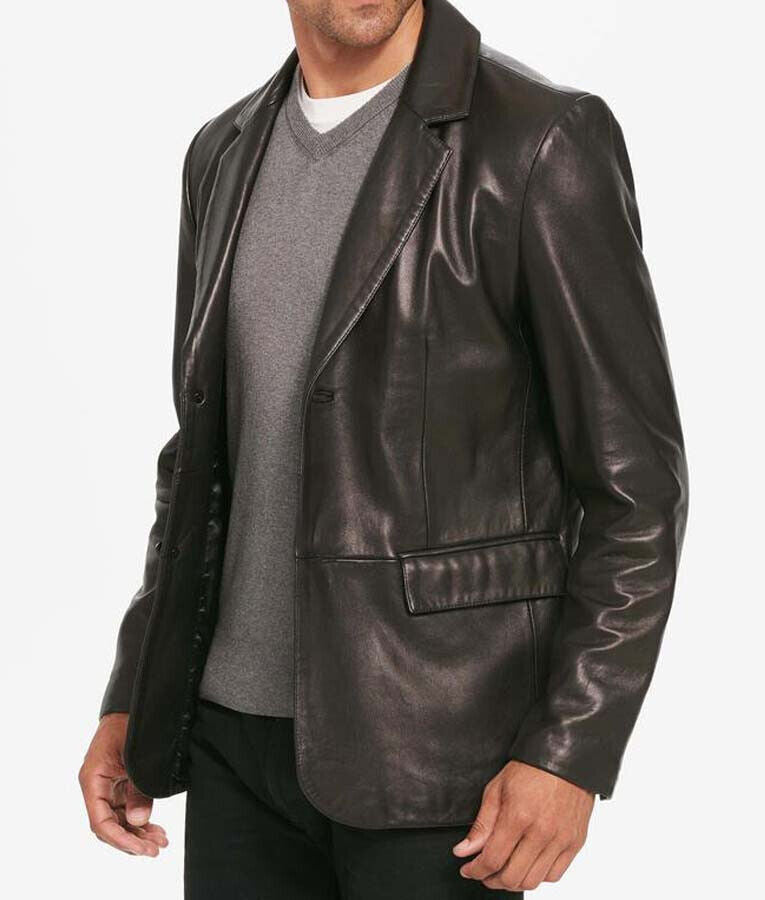 Mens Two Button Black Leather Blazer 