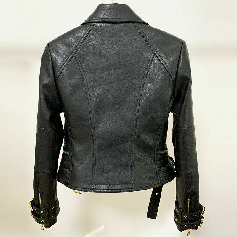 *Women Double breast Jacket Biker Golden Button Leather Blazer Motorcycle Jacket