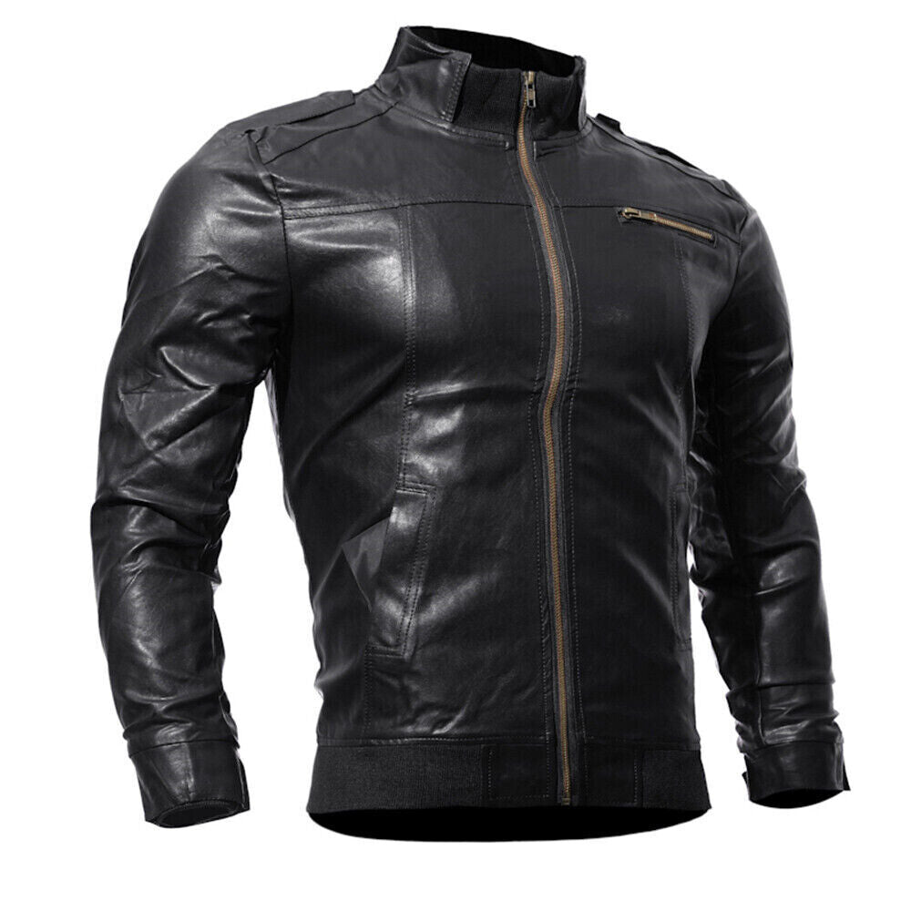 Men's SheepLeather Jacket Zip Up Slim Stand Biker Motorcycle Jacket Coat Outwear