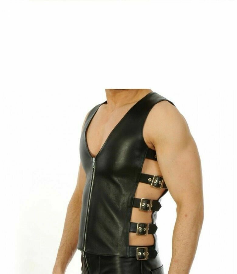 New Mens Genuine Leather Vest Motorcycle club Leather vest Fetish Open Gay Top