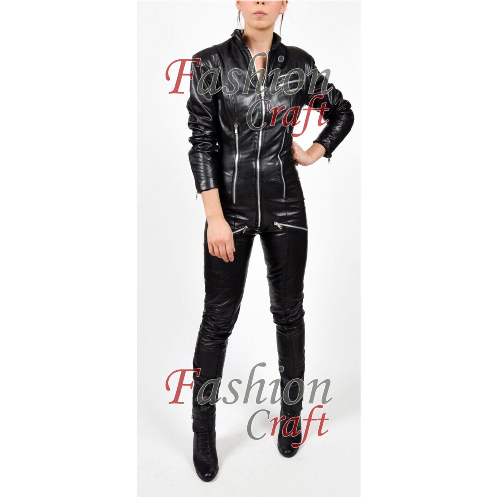 Real Black Sheep leather catsuit for women jumpsuit zipper sexy dress Leather Fe