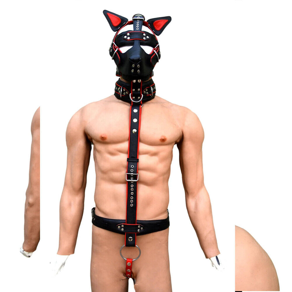 Men Handmade Body Harness with cock ring and puppy mask ,muzzle head harness