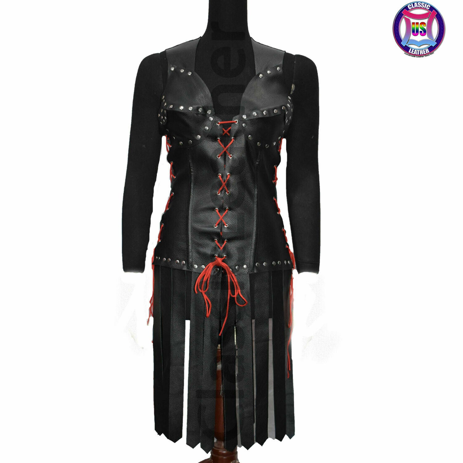 *Women Black gothic dress Leather Steampunk Costume long sleeves Red Lacing Top