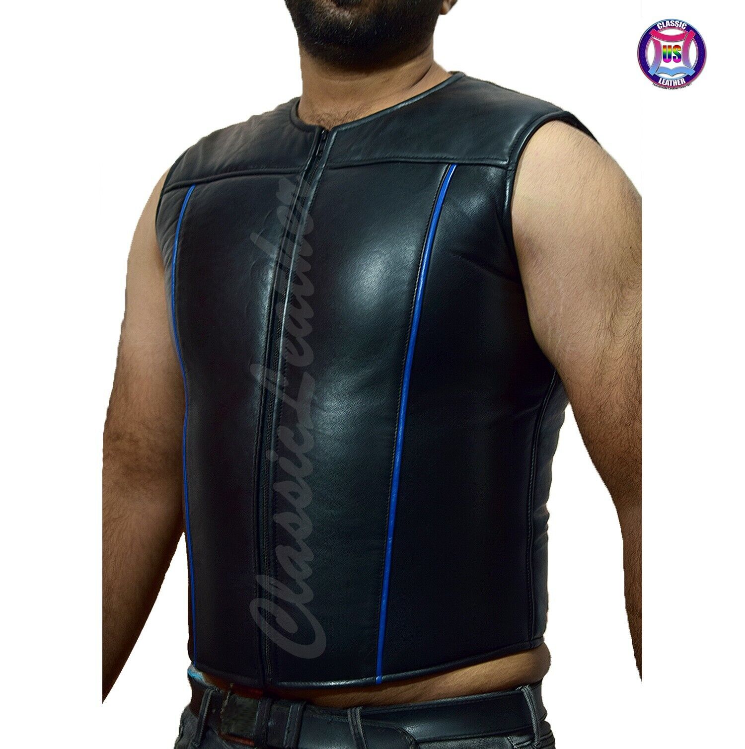 Mens leather waistcoat gay vest black bluf sleeveless Zipper jacket blue piping