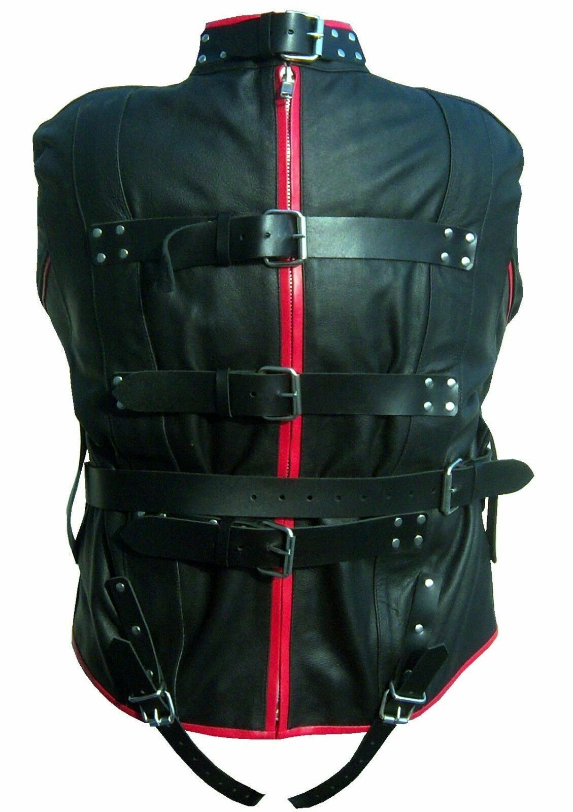 Men Black Leather Straight Jacket Red Piping Dress Asylum restraint bodysuit