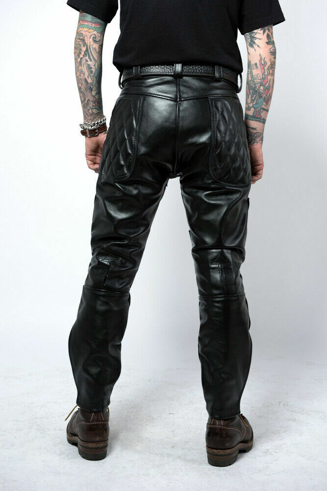 Mens Real Leather Bikers Pants Quilted Leather Black pants BLUF Uniform Gay pant