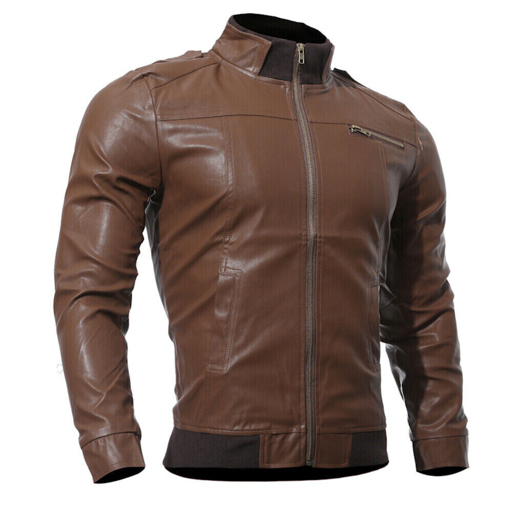 Men's SheepLeather Jacket Zip Up Slim Stand Biker Motorcycle Jacket Coat Outwear