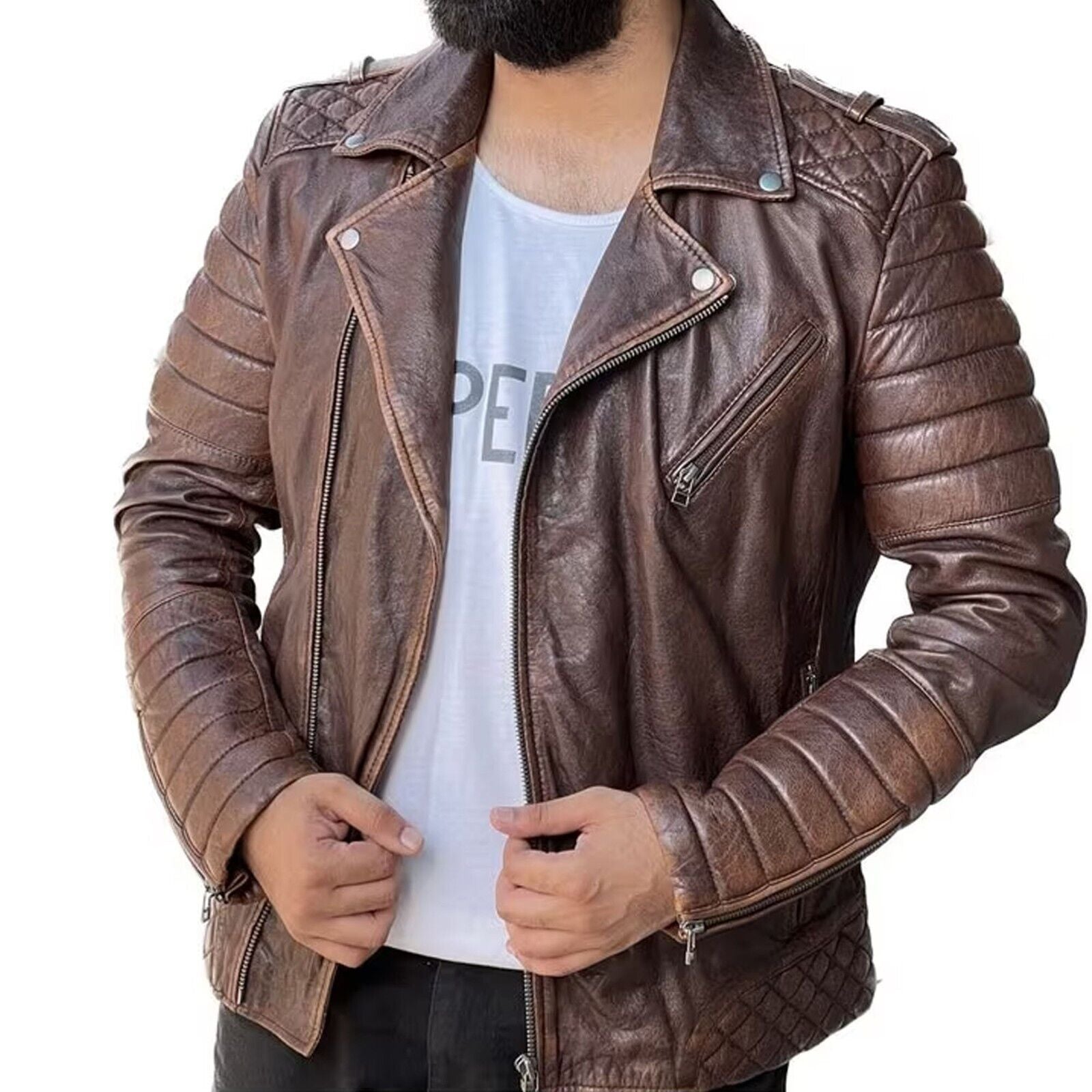 *Brown Quilted Real Leather Jacket Outdoor Sleeves & Shoulder Soft Padded Jacket