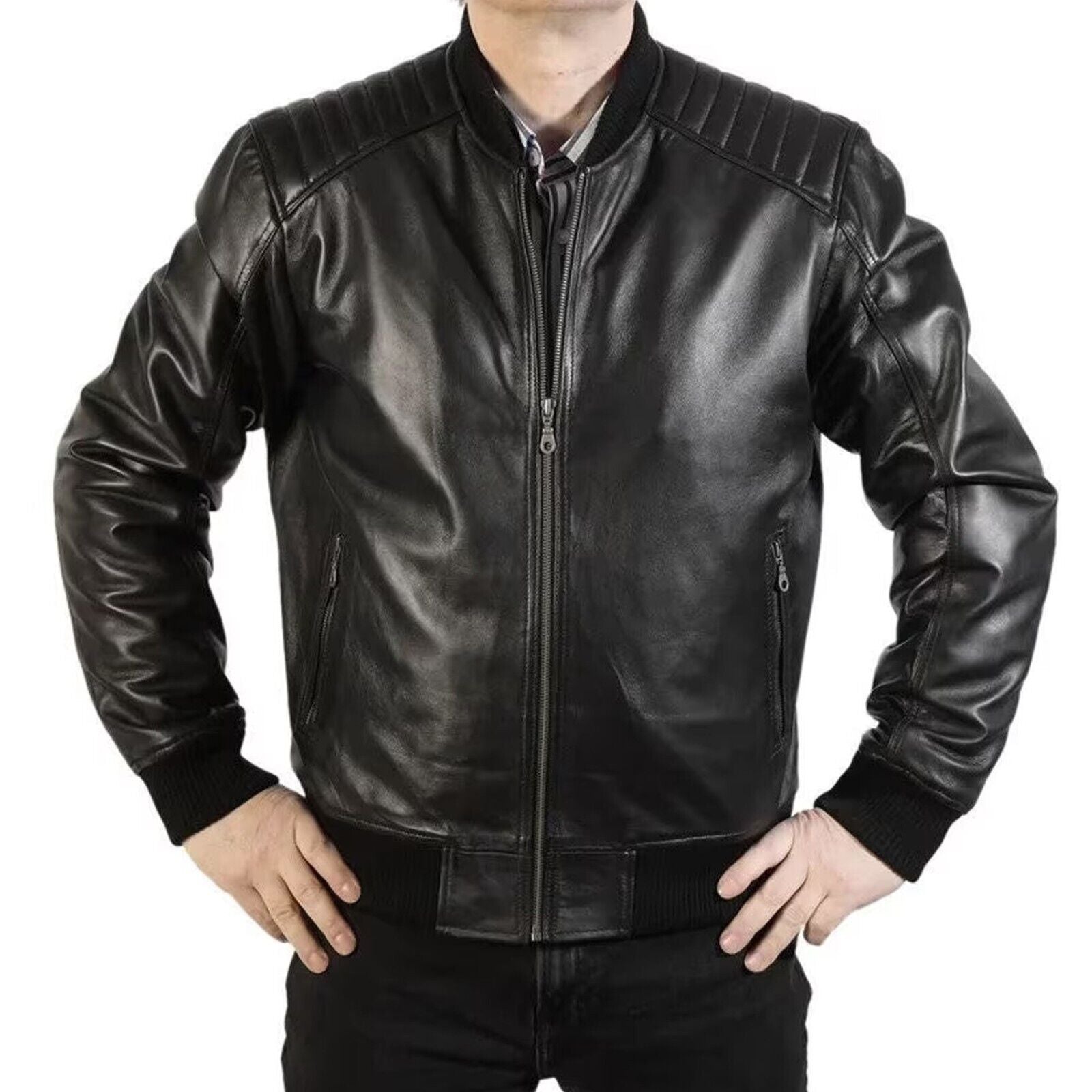 *Men Genuine Leather Jacket Padded Shoulder Outdoor Casual Racer Slim Fit Jacket