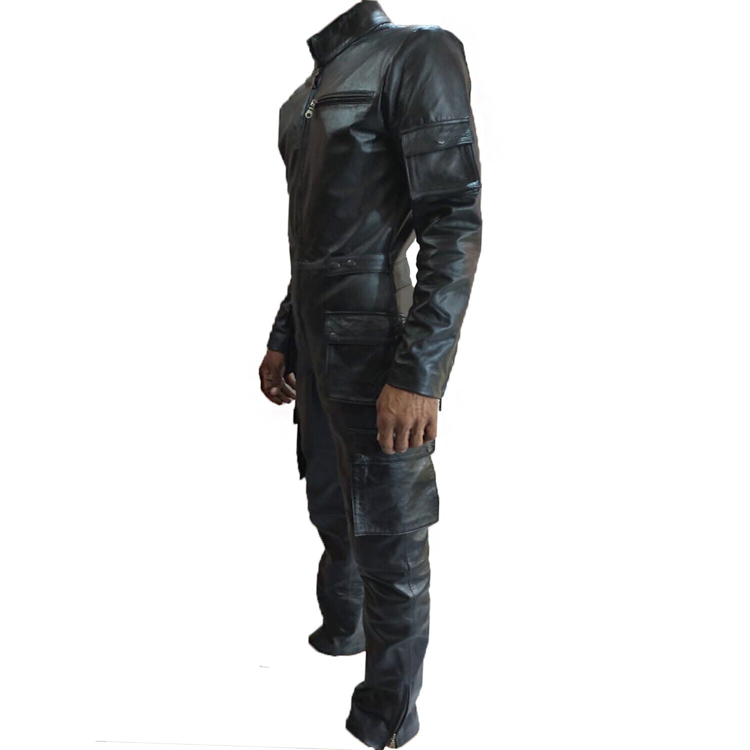 MEN REAL LEATHER CATSUIT BLACK BODYSUIT OVERALL MEN JUMPSUIT HOT WORKWEAR ROMPER