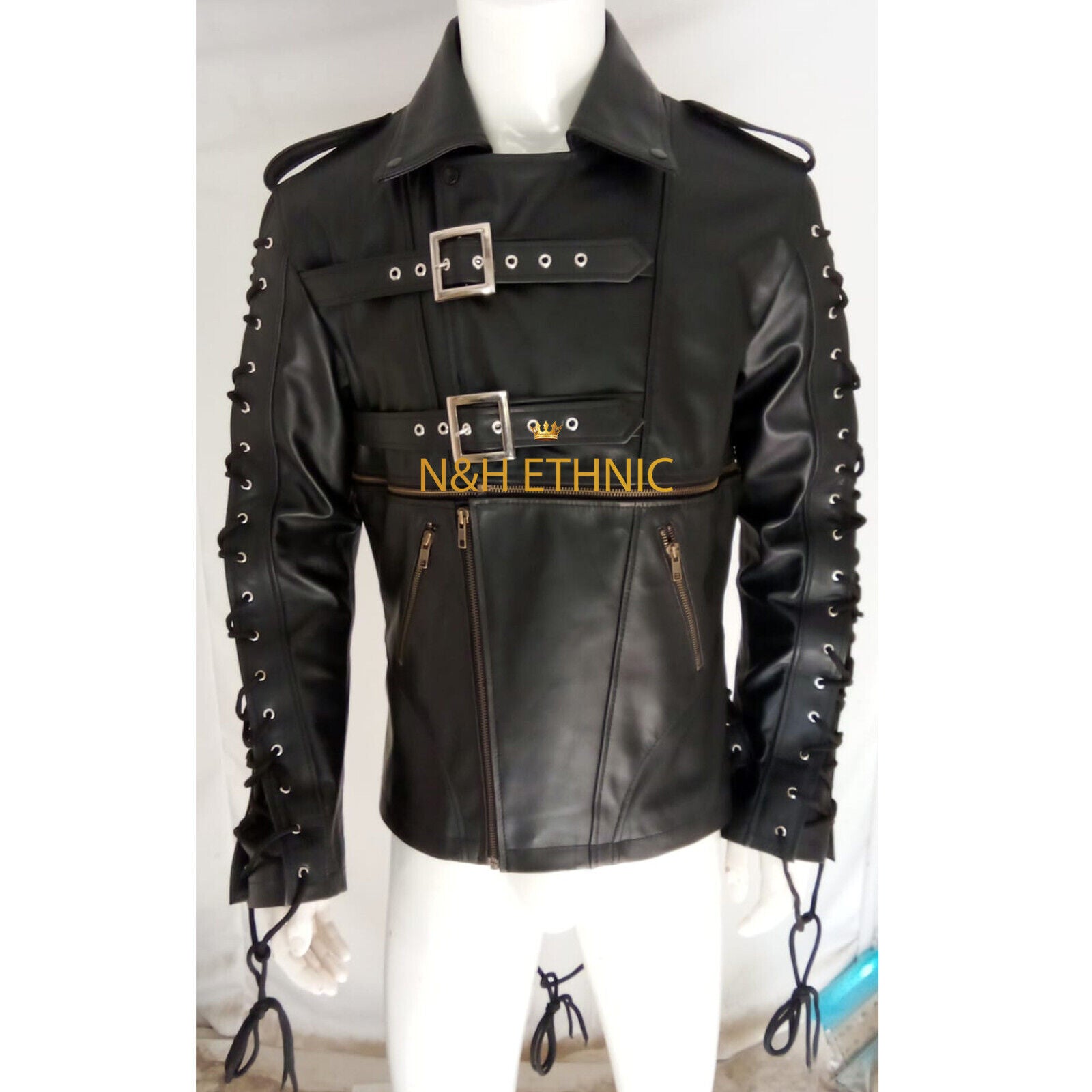 Men's Laced Military Gothic Leather Jacket Black And Red Leather Jacket Zip Up S