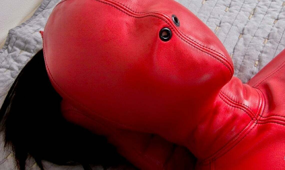 Leather Extreme Bondage bag RED Leather Sleep Sack BDSM Sensory Deprivation Hood