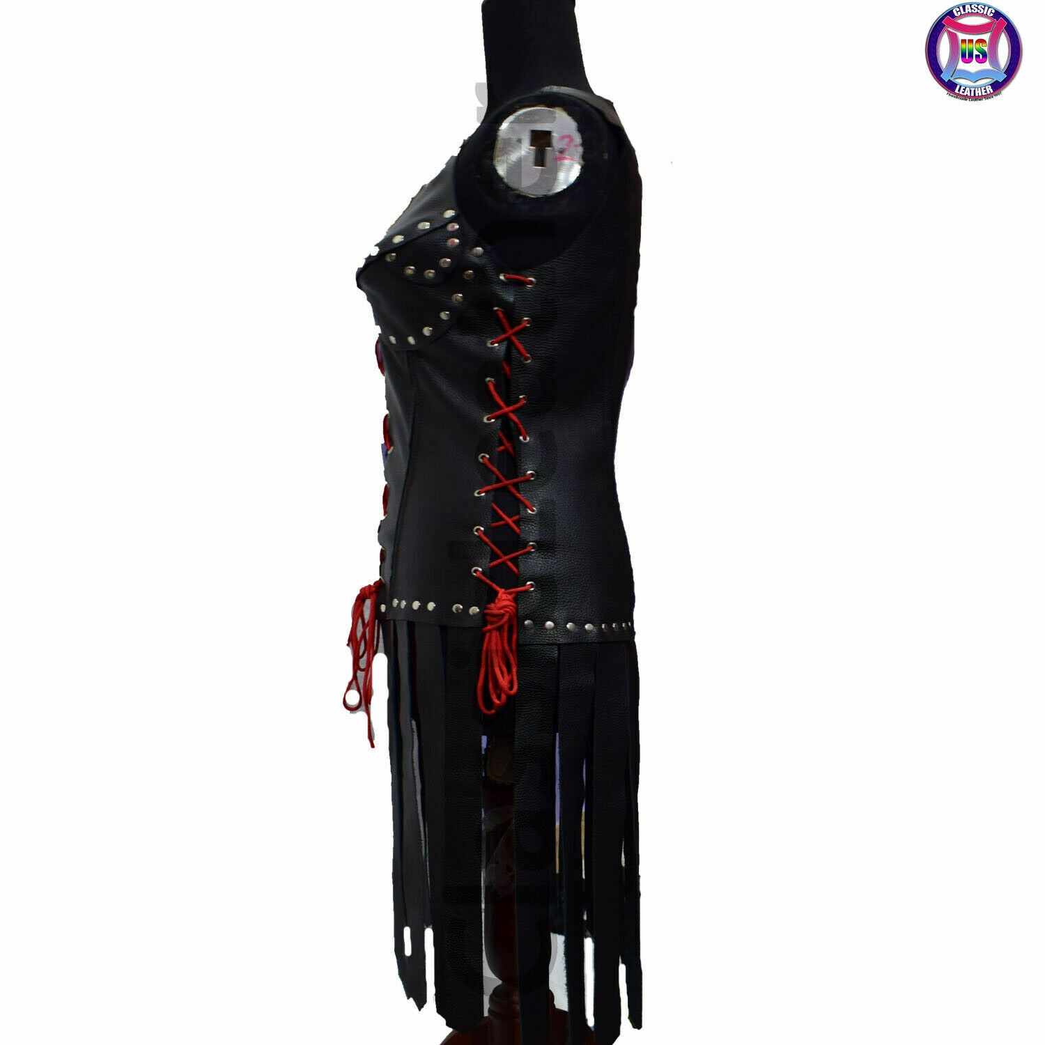 *Women Black gothic dress Leather Steampunk Costume long sleeves Red Lacing Top