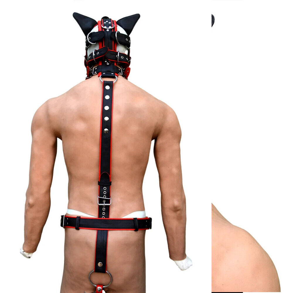 Men Handmade Body Harness with cock ring and puppy mask ,muzzle head harness