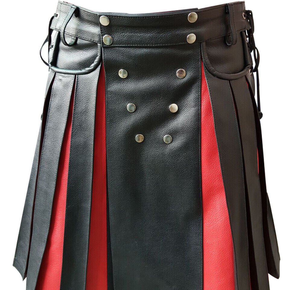 Men Kilt BLACK RED Leather Gladiator Pleated Utility FLAT FRONT Pocket Wrap