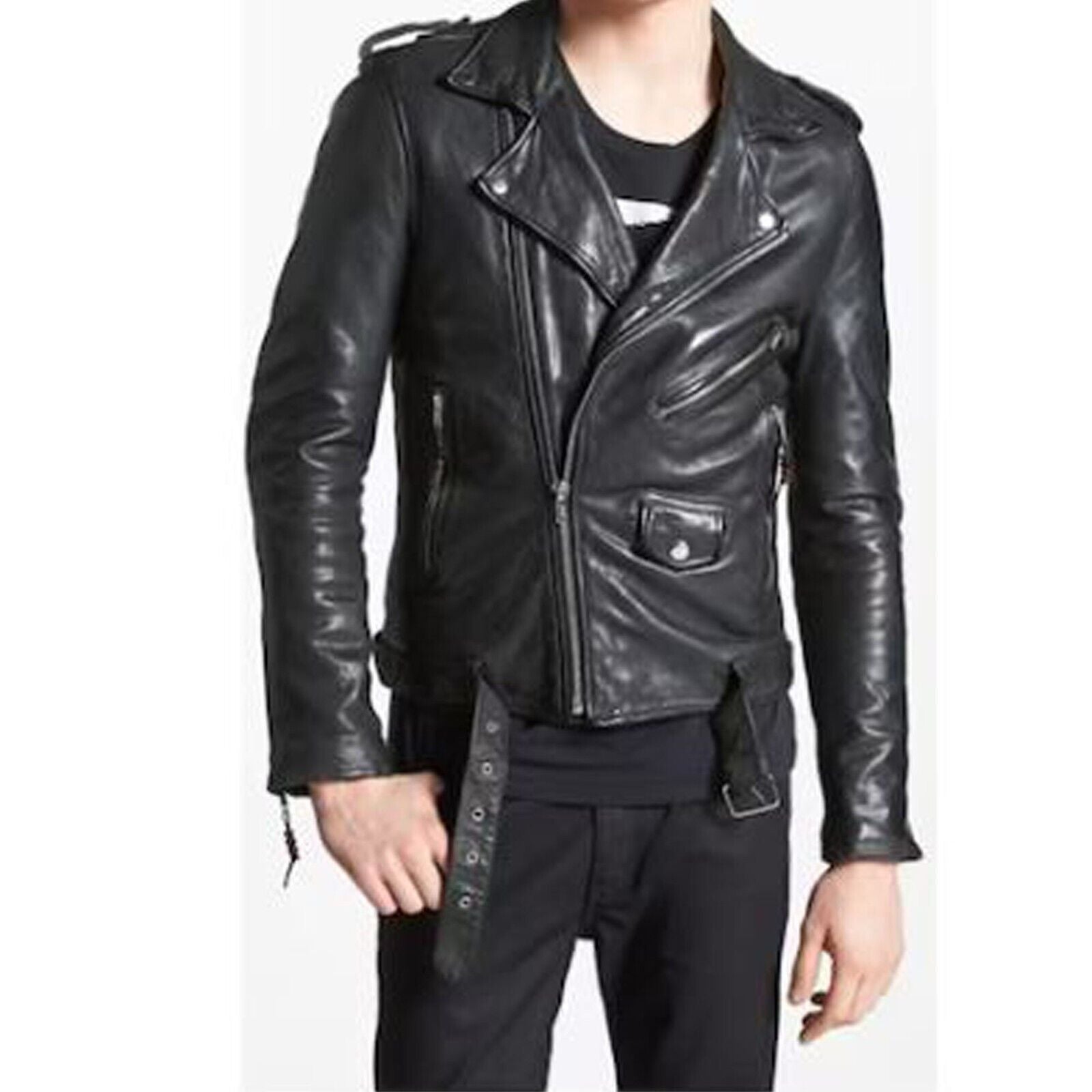 Men Quilted Genuine Leather Jacket Outdoor Soft Padded Casual Leather Jacket