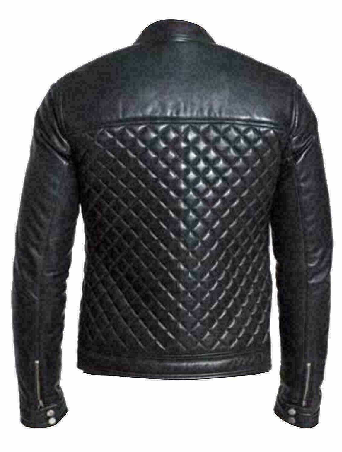 Motorcycle Genuine Leather Jacket Men's Bomber Quilted Biker Cafe Racer Black