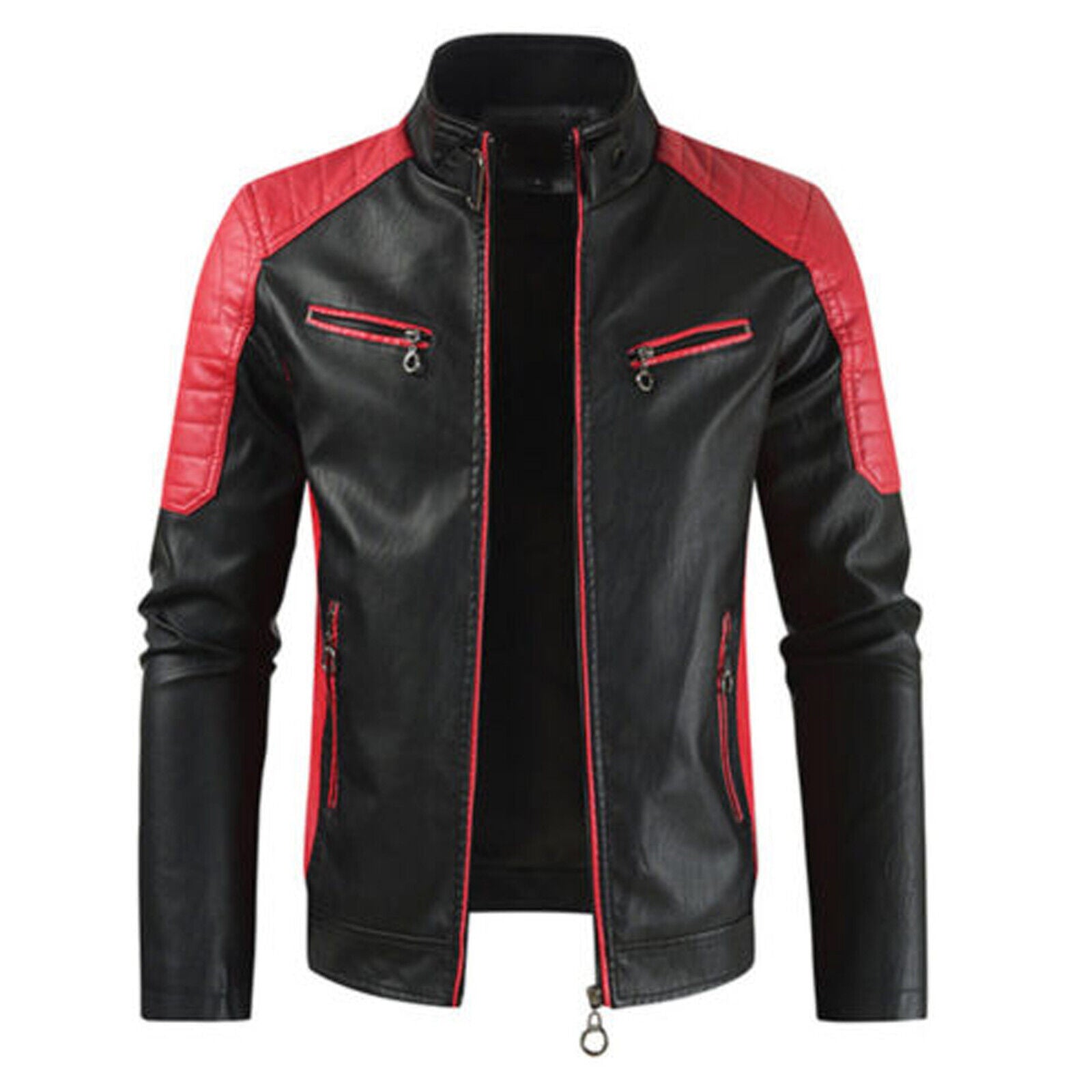 Men's Stand Biker Motorcycle Jacket Sheep Black And Red Leather Jacket Zip Up Sl