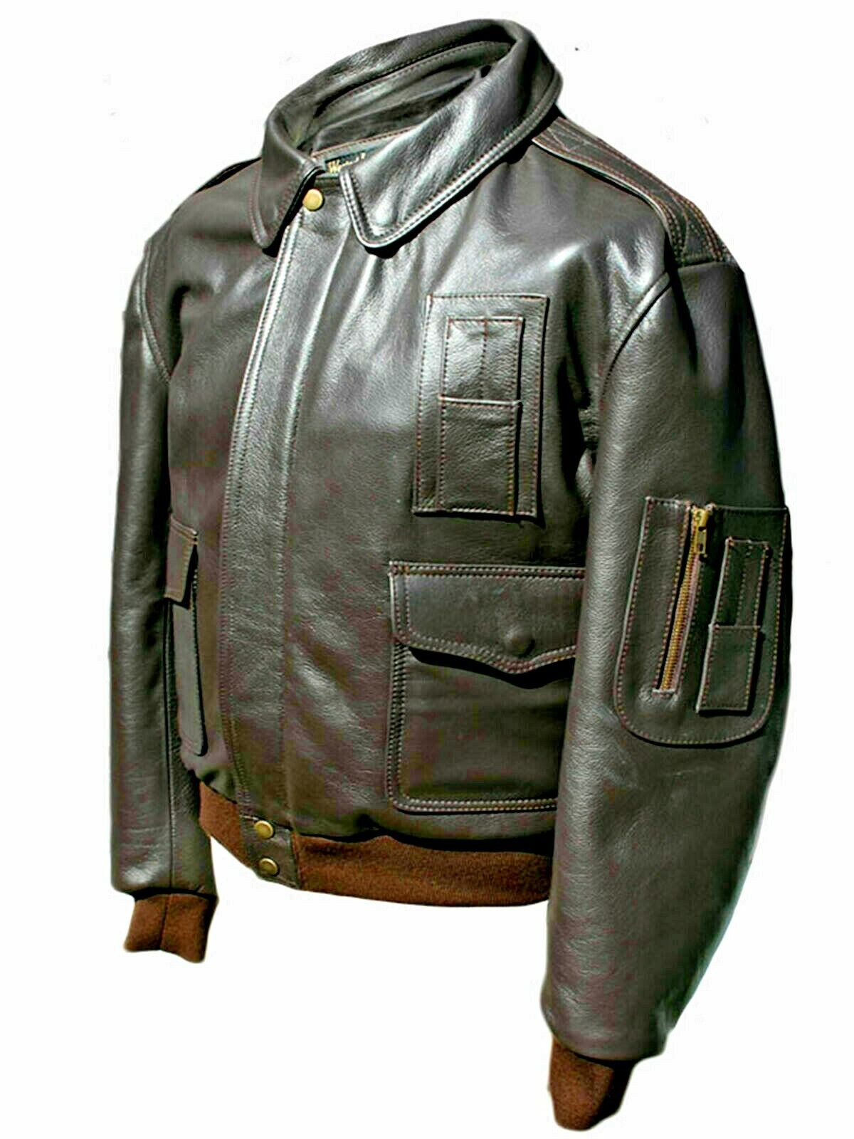 Mens Leather Bomber Jacket Air Force Millitary Army heavy leather jacket Cargo L