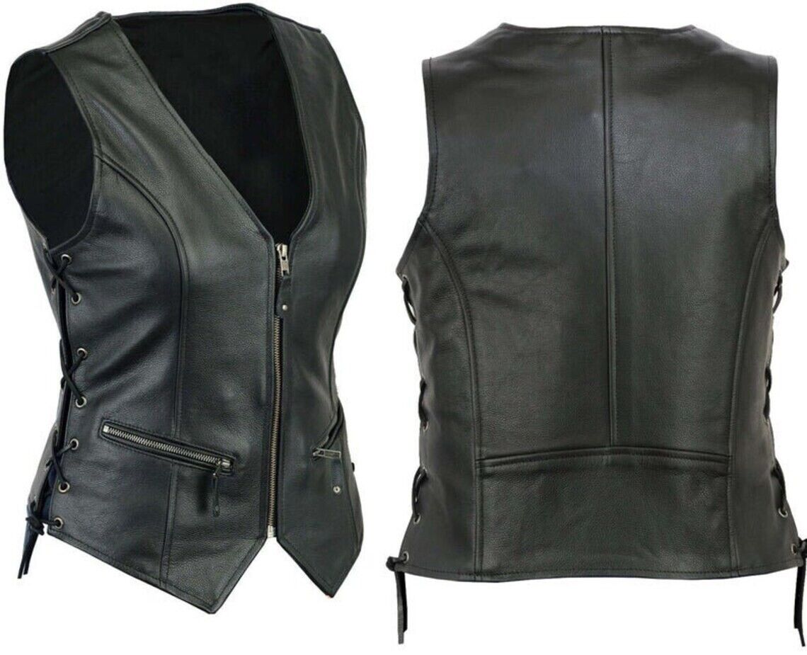 100% Women Genuine Leather Vest Black Slim Fit Vintage Moto Biker Vest Jacket SM