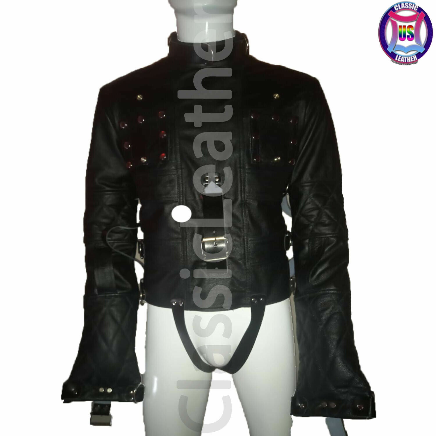 *Men real Leather straight Jacket Asylum BDSM Restraint Costume Armbinder Jacket