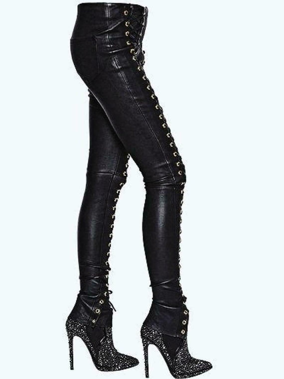 Women skinny leather pants gothic Biker women Motorcycle pants Laceup sexy pants