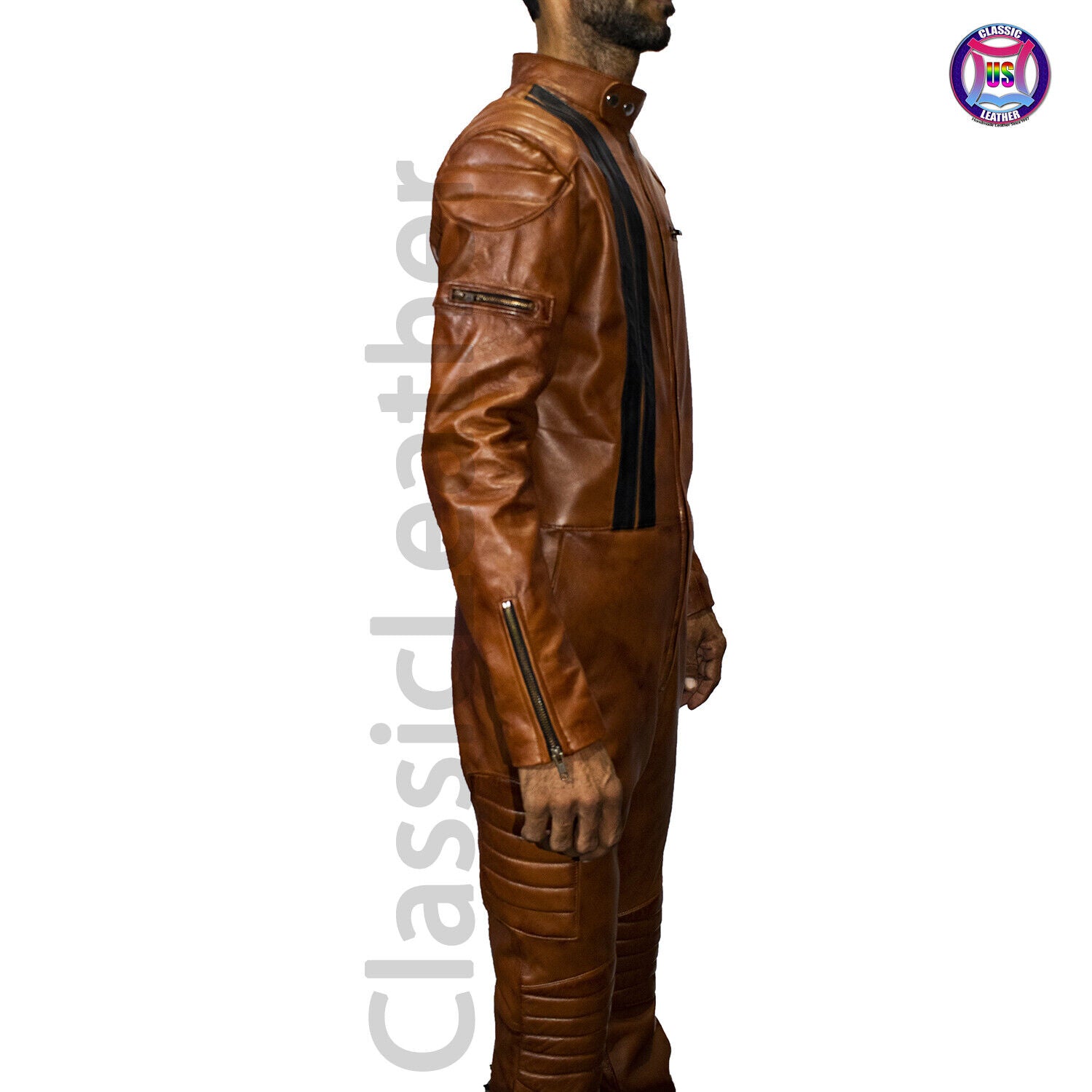 *Mens real leather jumpsuit brown catsuit Casual leather bodysuit body fit dress