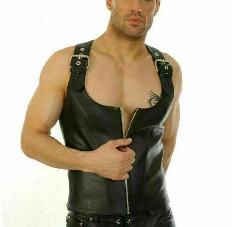 Black Leather waistcoat Harley biker club studs jacket Gay vest mens zipper Vest