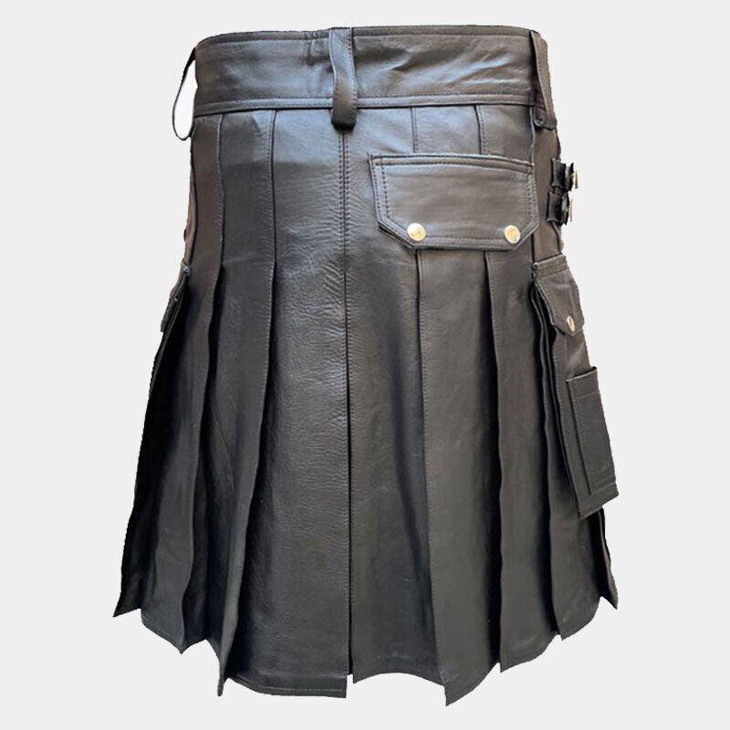 Men s Black Punk Style Utility Leather Kilt | Solid pleated Buckle Straps|Genuin