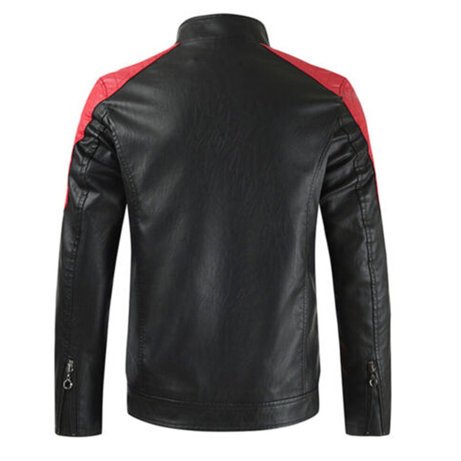 Men's Stand Biker Motorcycle Jacket Sheep Black And Red Leather Jacket Zip Up Sl