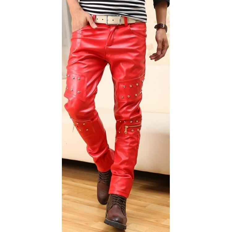 Men’s Real Leather Biker Pants (5-Pocket Jeans Style BLUF Red Gay Trousers)