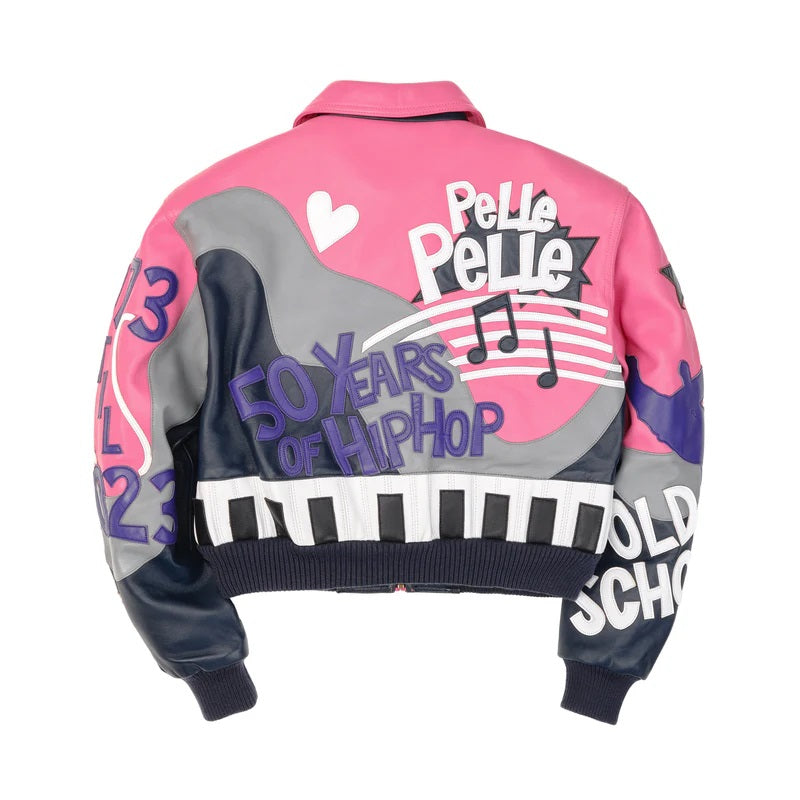 Retro Pink & Navy Music-Themed Cowhide Leather Jacket for Women – Limited Edition Pelle Pelle Style - Leather taboo