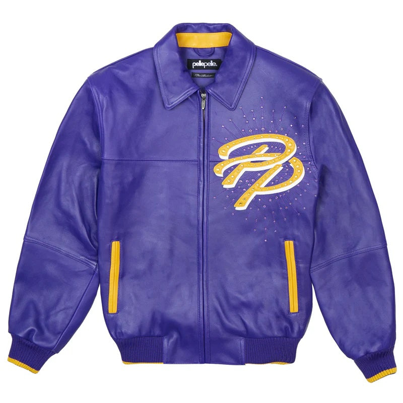 Men’s Purple Pelle Pelle Leather Jacket – Premium Cowhide with Yellow “PP” Embroidery