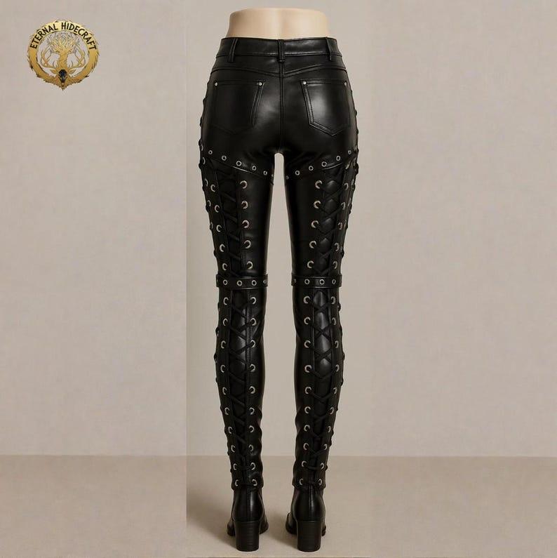 Women’s Black Leather Gothic Biker Pants (Lace-Up Motorcycle Trousers)