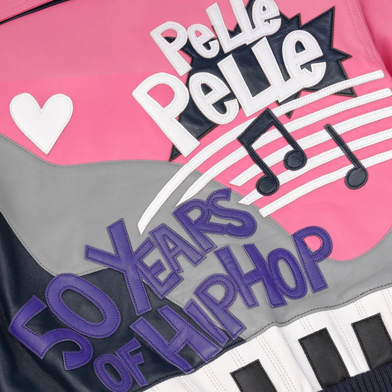 Retro Pink & Navy Music-Themed Cowhide Leather Jacket for Women – Limited Edition Pelle Pelle Style - Leather taboo