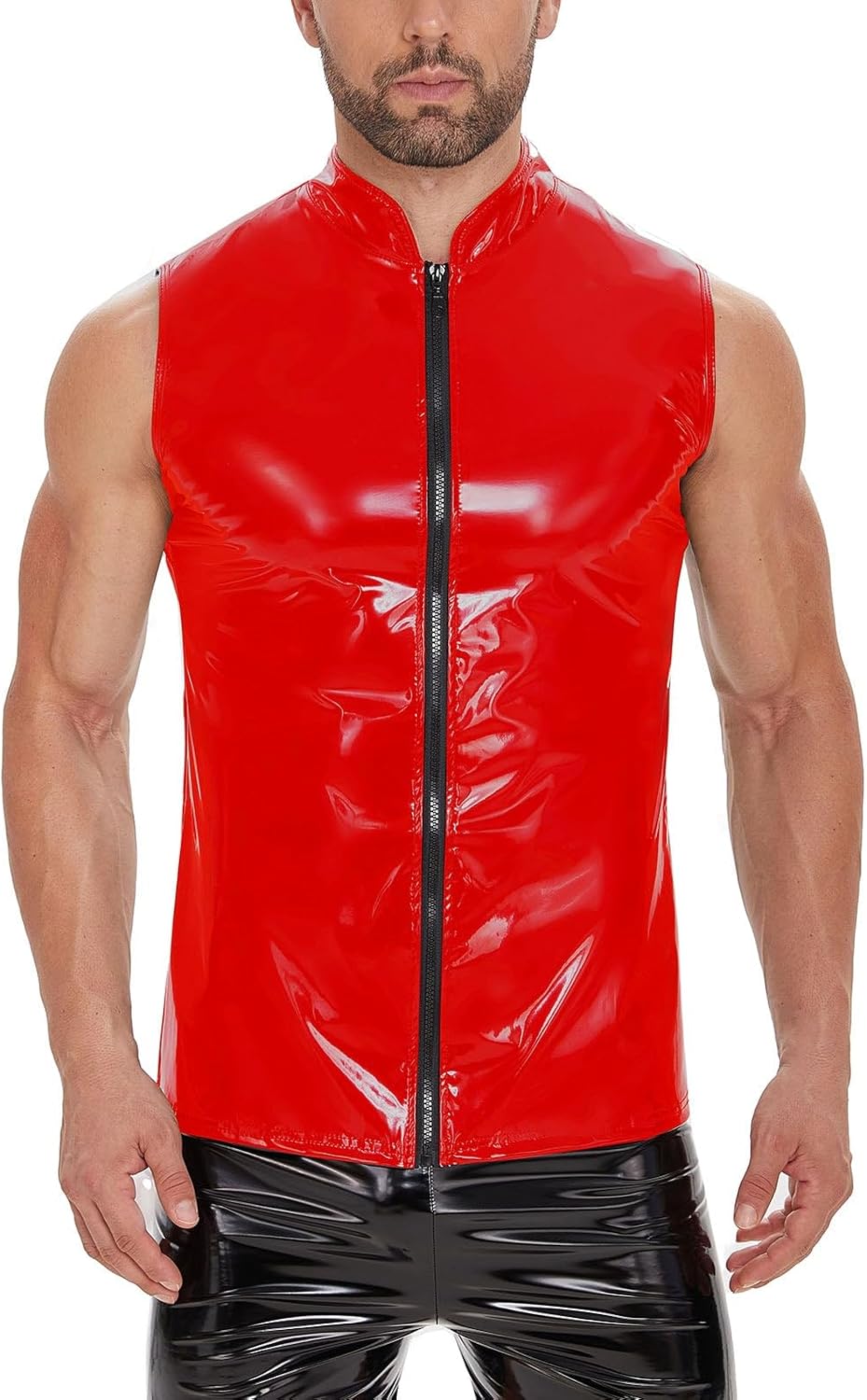 Men’s Red & Black Leather Tank Top & Shorts Set (Zipper Clubwear Outfit)