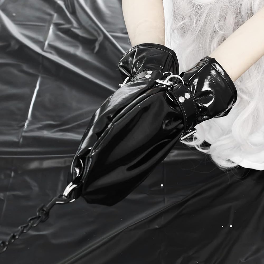 Premium Black Genuine Leather BDSM Mittens Zipper Gauntlet Bondage Gloves With Arms Lock Restriction