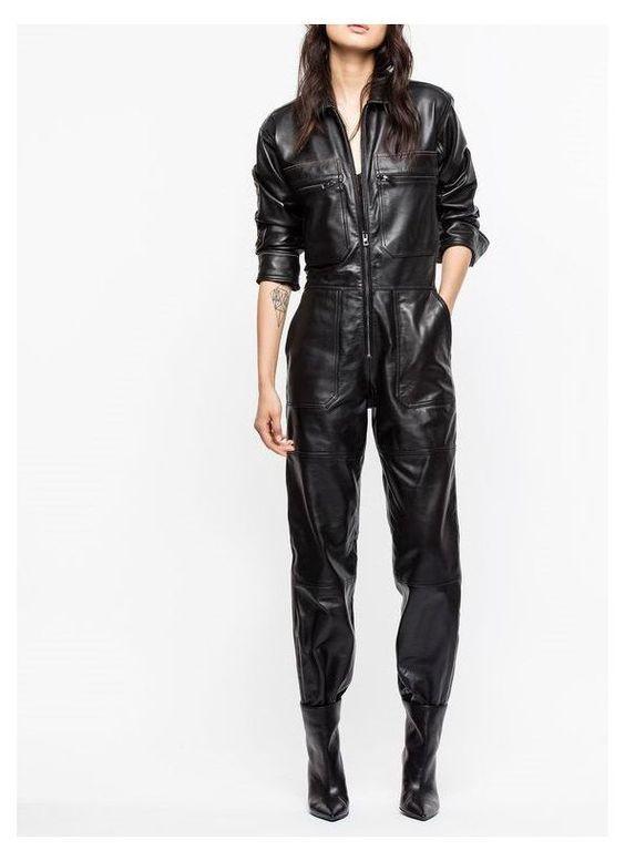 Women's Real Leather Stylish Jumpsuit - Two Way Zipper Dress