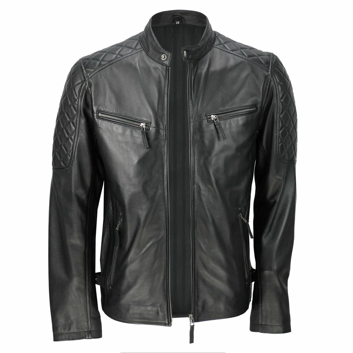Men’s Quilted Leather Biker Jacket (Black Cafe Racer Motorcycle Style)