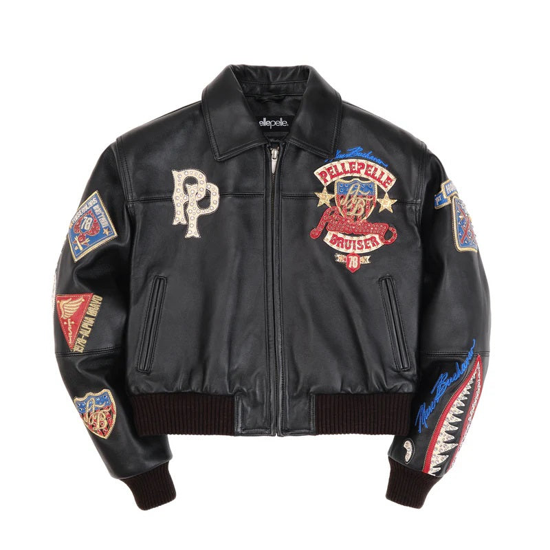 Black Embroidered Bomber Jacket for Women – Premium Cowhide Leather with Pelle Pelle Style Badges & Street Patchwork