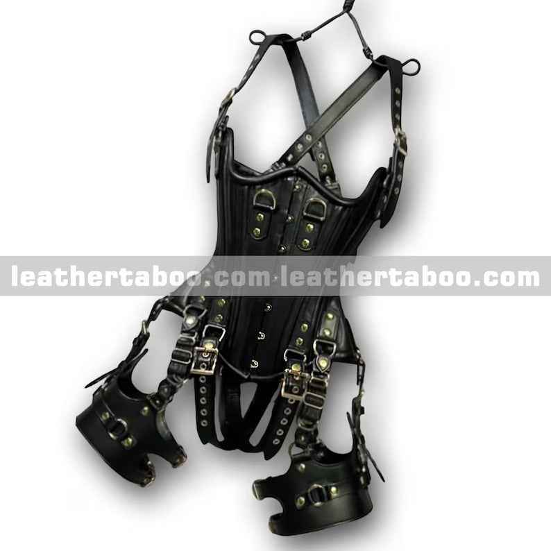 Sheepskin Leather Corset Set: Gothic Full-Body Harness with Straps Adjustable thigs belts