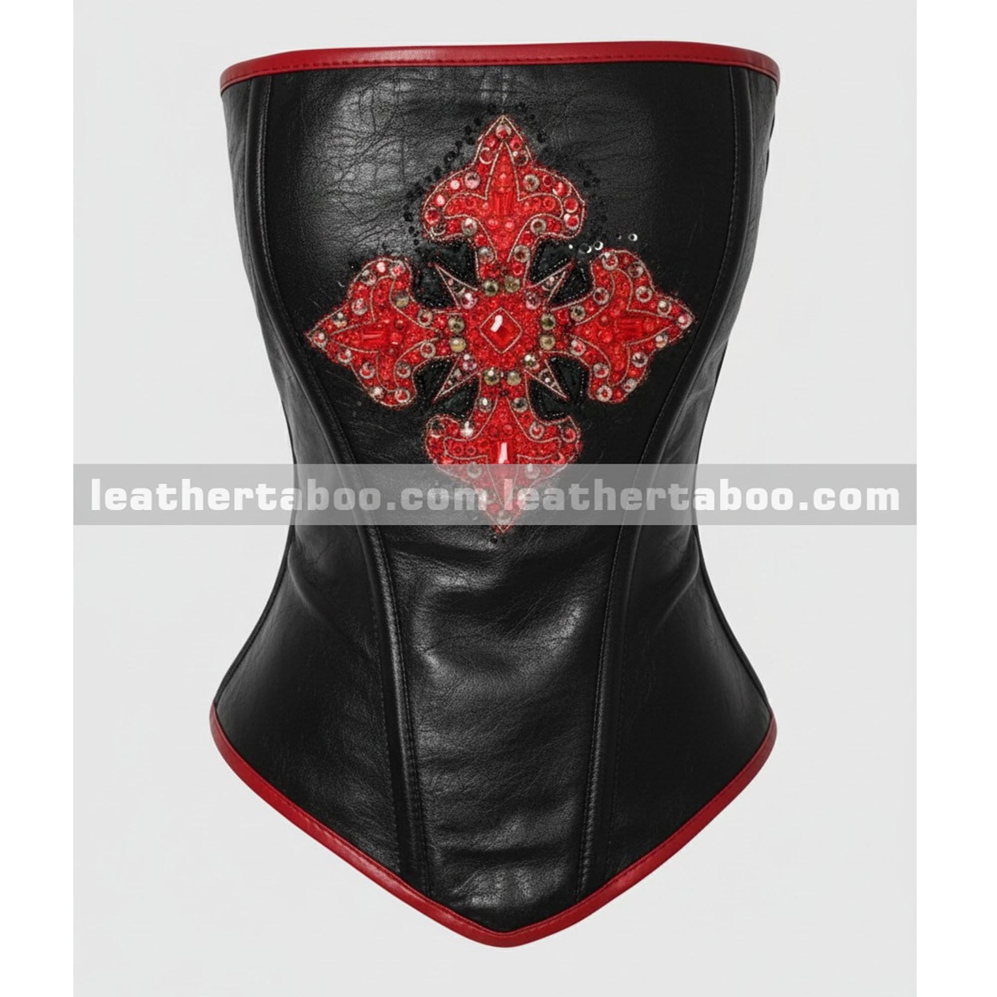 Black Leather Corset Top with Red Embroidered Detail | Handmade Structured Leather Fashion Top leathertaboo.com